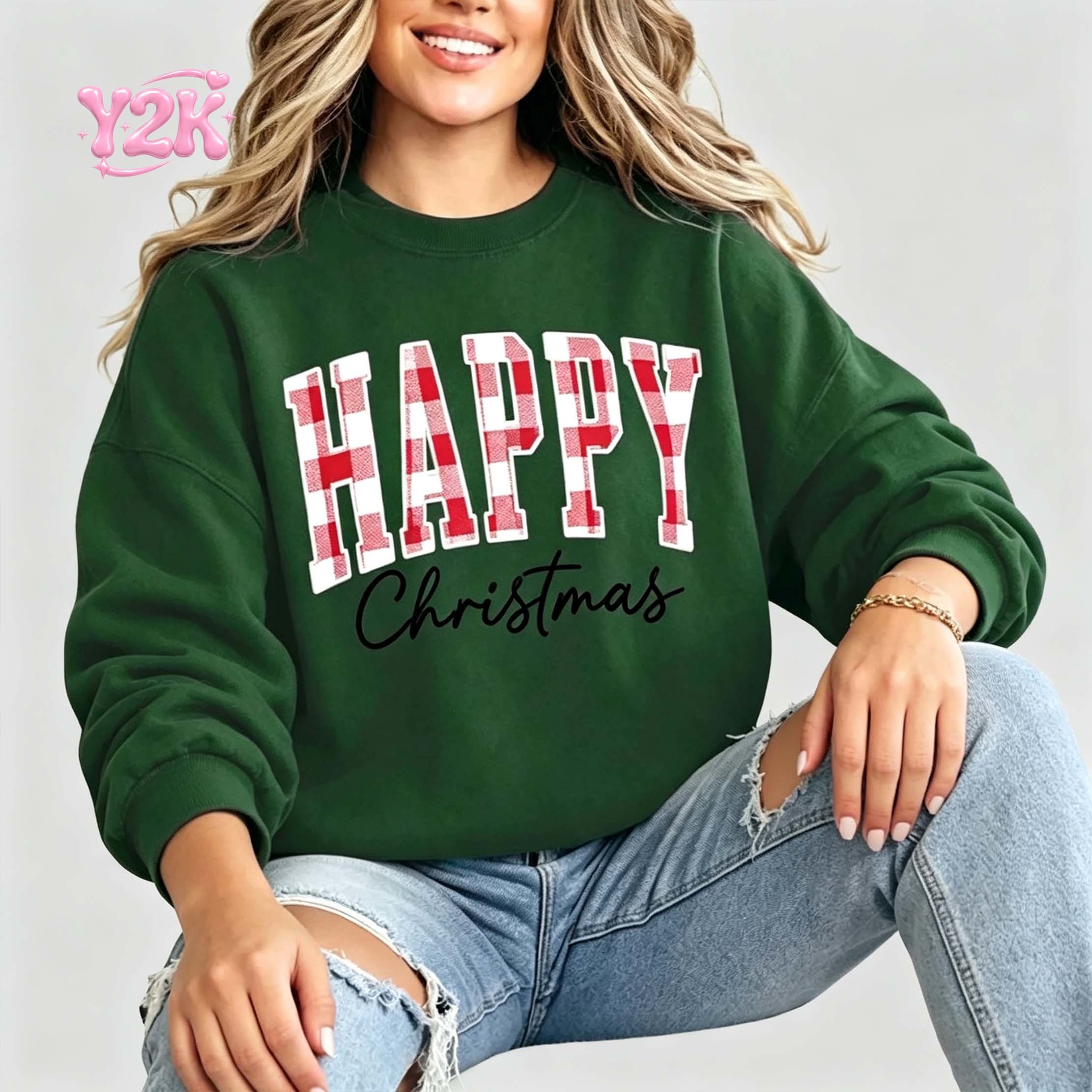 Custom Women's Plaid Letter Graphic Crewneck Sweatshirt