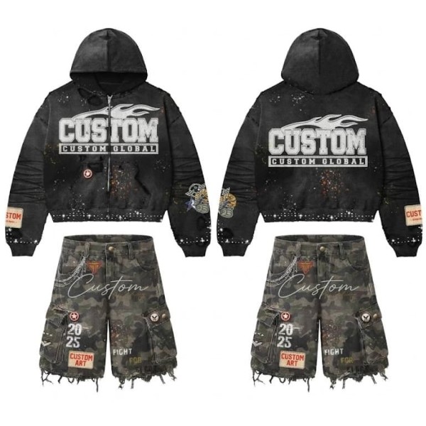 Custom Distressed Acid Wash Streetwear Zip Up Hoodie Camo Shorts Set