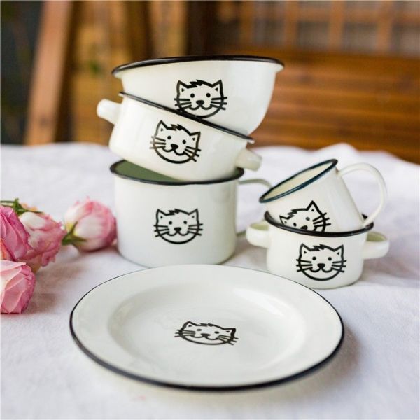 Handmade Kids Enamel Dinnerware Set Plate Mug Rice Bowl Dish Set Lovely Cat Design