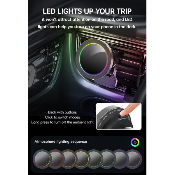 Iphone Car Charger Ultra Small Diameter Magnetic Wireless Charger Car Mount Aluminium Alloy Texture RGB Light Effect