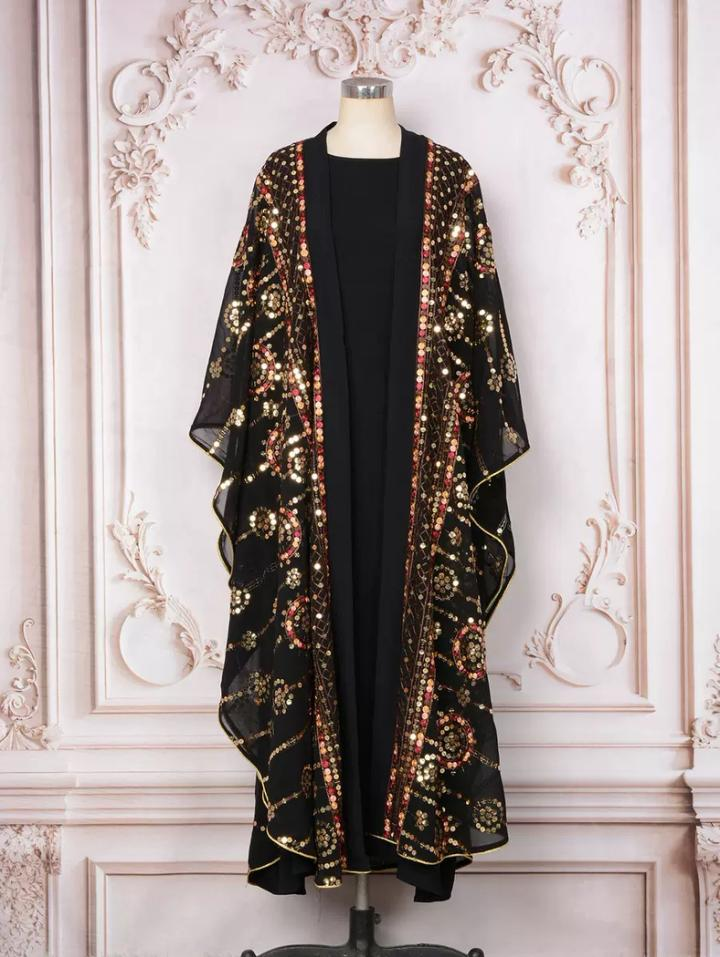 MT403 Middle Eastern Modest Wear Black & Gold Sequin Embellished Kimono Abaya Set