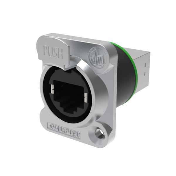 Conector de chasis Ethernet RJ45 de 8 pines para uso interior IP44 PA66 Conector angular para conector de señal de aviación