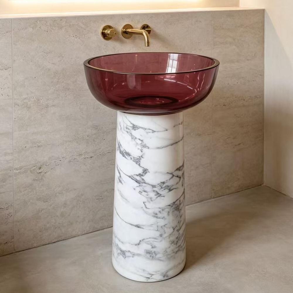 Artificial Stone Bath Pedestal Sink With Scalloped Burgundy Transparent Resin Wash Basin