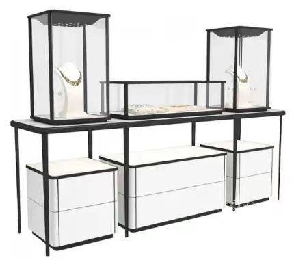 Stainless Steel Desk Jewelry Store Showcase with Lockable Electrical Drawers and Glass Shelves