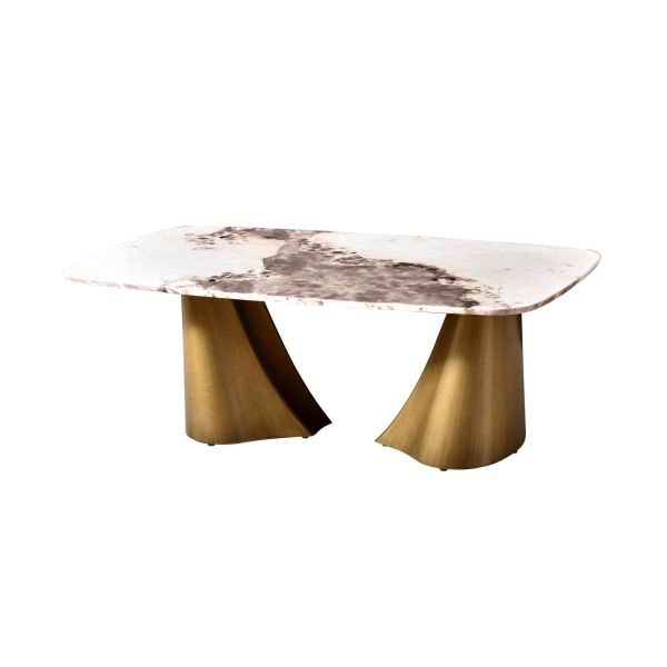 T1056 Luxury Curved Brass Base Marble coffee Table Sculptural Wave Brushed Gold