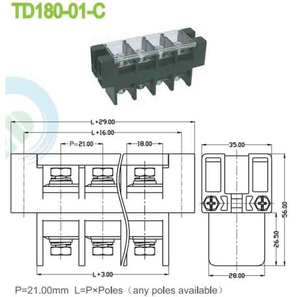 21.00mm PBT Feed Through 180A Panel Mount Perforation Terminal Block With Plastic Cover