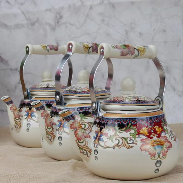 Iron Kettle Thickness 0.8mm Multi Capacity Enamel Whistling Tea Kettle Teapot 07L 11L 15L 25L Decorative Flower Decal