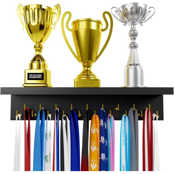 Wooden Trophy Display Home Appliance Medal Hanger and Trophy Shelf with Hooks