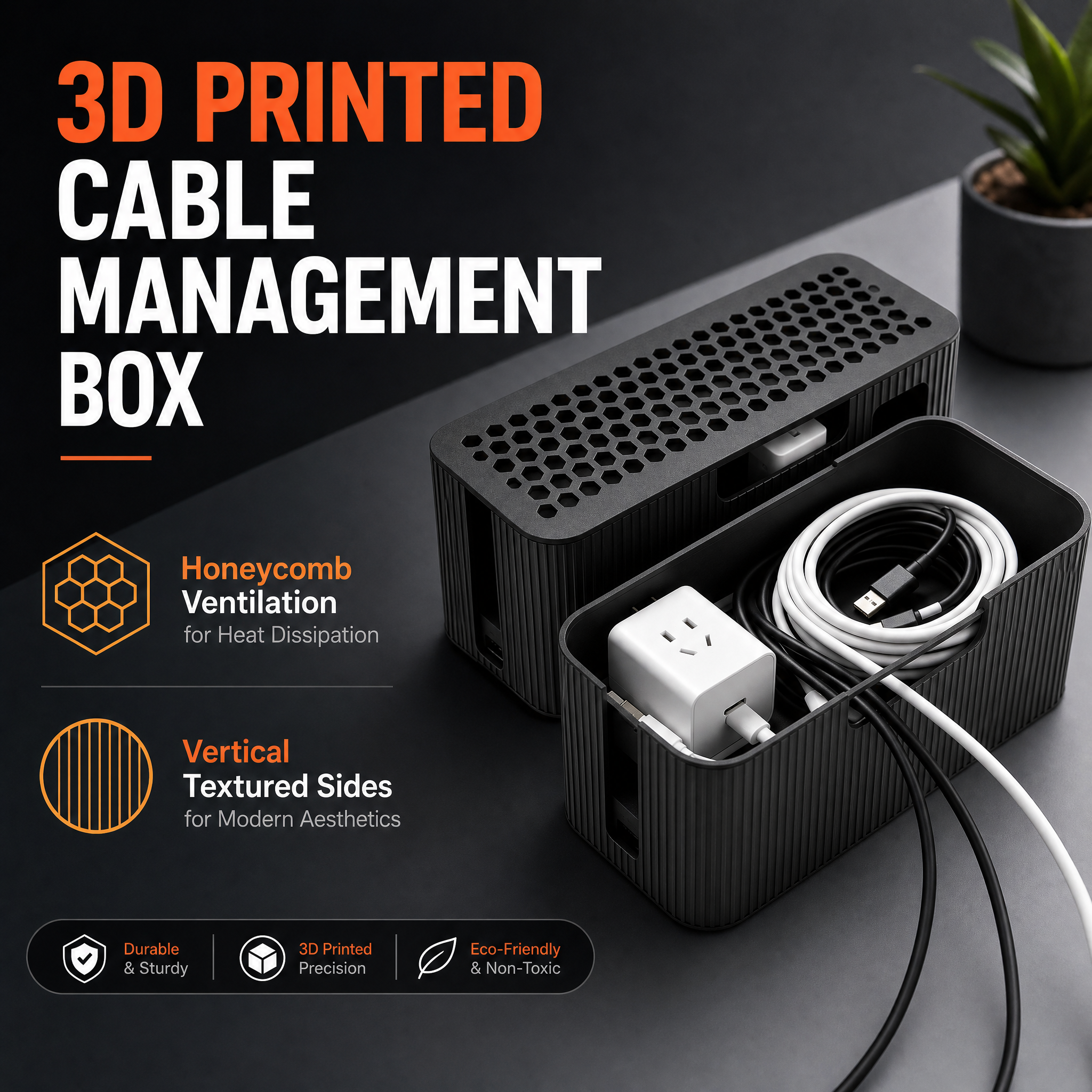 Desktop 3D Printed Office Supplies Power Strip Organizing Ventilated Wire Storage Box