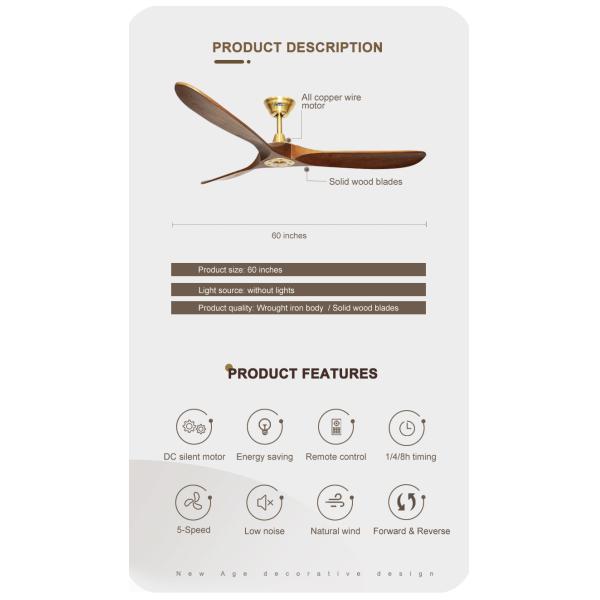 3 lâminas de madeira decorativa ventilador de teto de 60 polegadas 220V com controle remoto