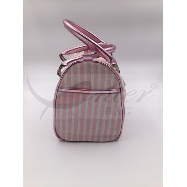 Round Type Design Travel Tote Bags For Women Pink Stripe Two Stylish PU Handle