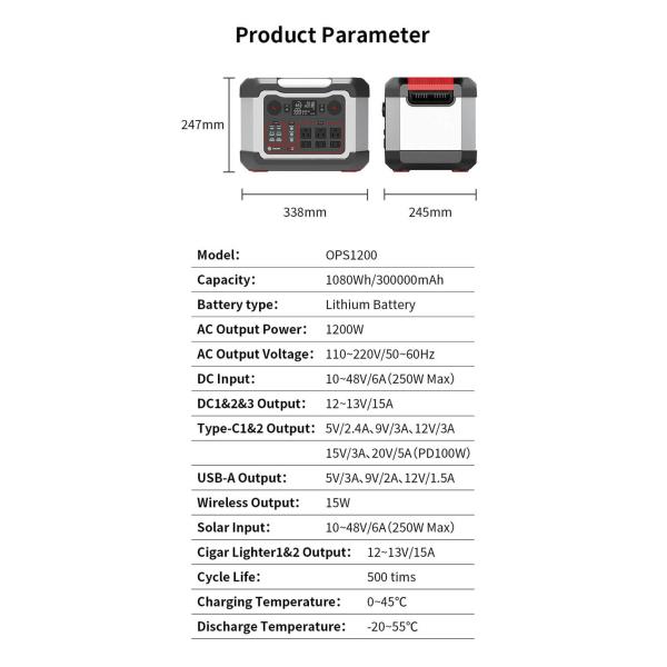 1200W Portable Generator Power Bank 110V-220V Wireless Charger Camping