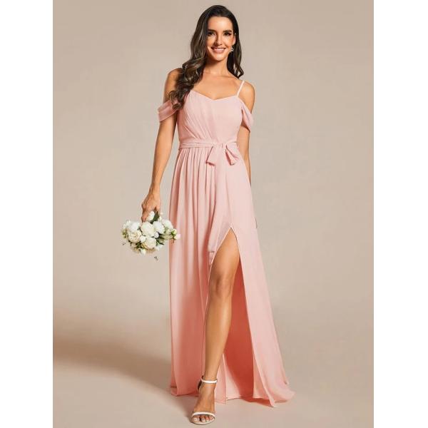 Plus Size A-line Ruffled V-neck Spaghetti Strap High Slit Burgundy Chiffon Party Dress