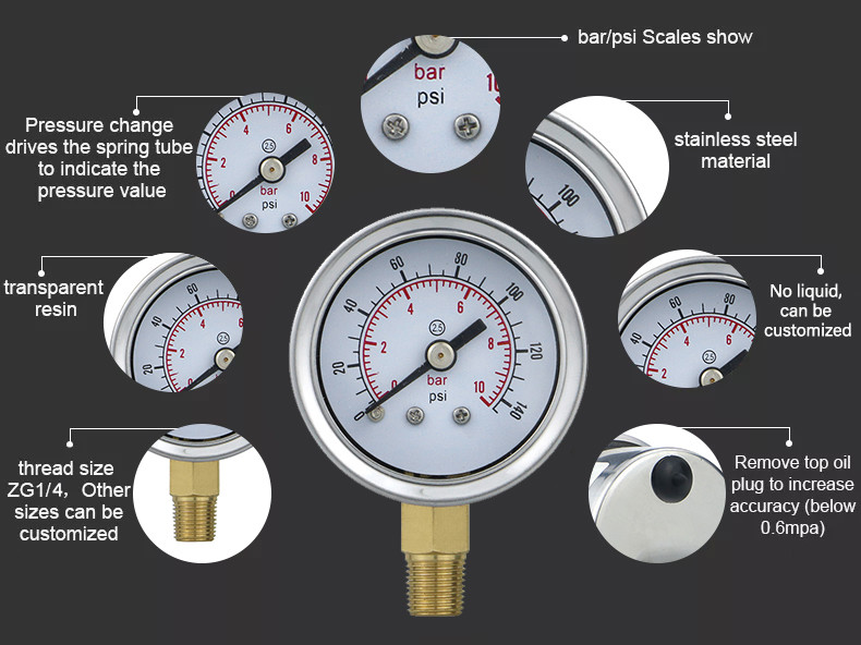 1.5 inch 40bar/psi stainless steel case brass connection dry pressure gauge manometer