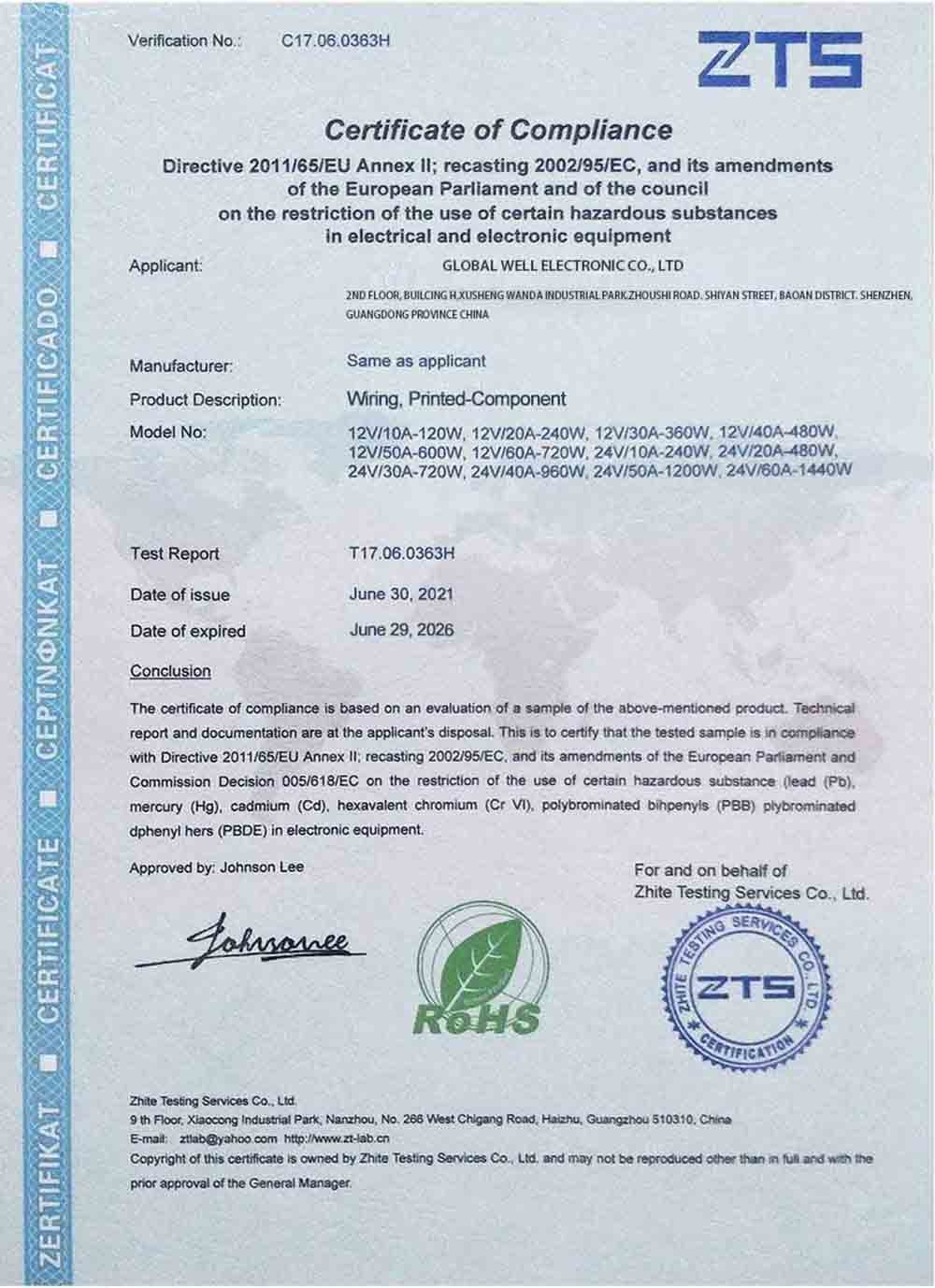 Global Well Electronic Co., LTD Сертификации
