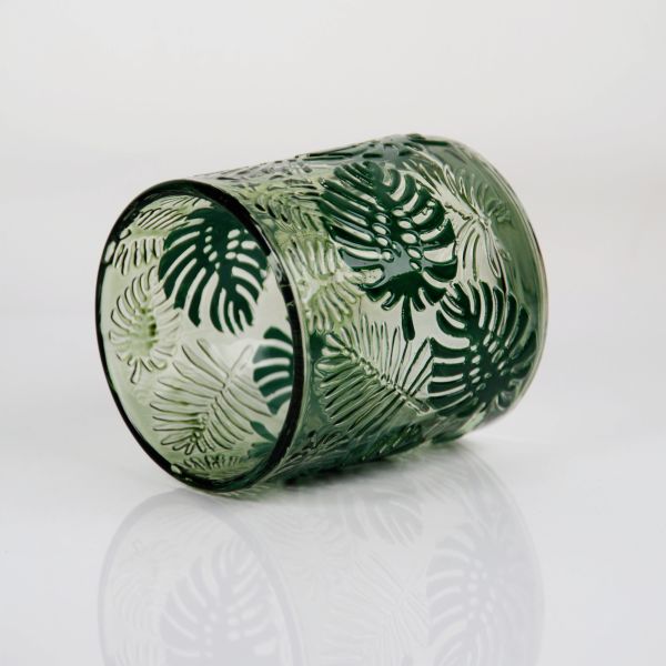 Embossed Tropical Monstera Leaf Glass Candle Holder with 200ml Capacity in Lead-Free Crystal Glass