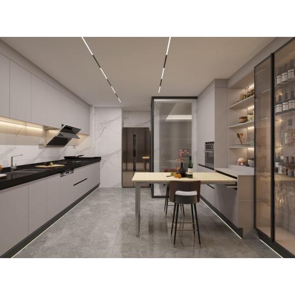 Elegant Grey Stainless Steel Kitchen Cabinet With Wine Storage And Extendable Table
