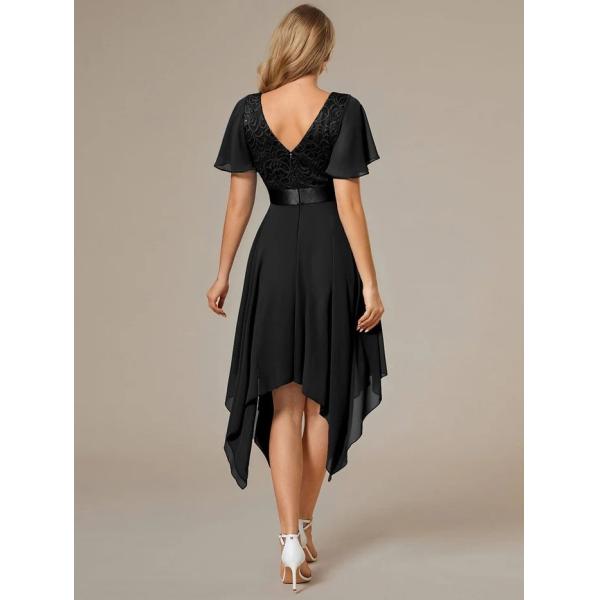 Asymmetrical Hem V-neck Empire Waist A-line Short Sleeves Knee-length Dusty Navy Lace Chiffon Bridesmaid Dress
