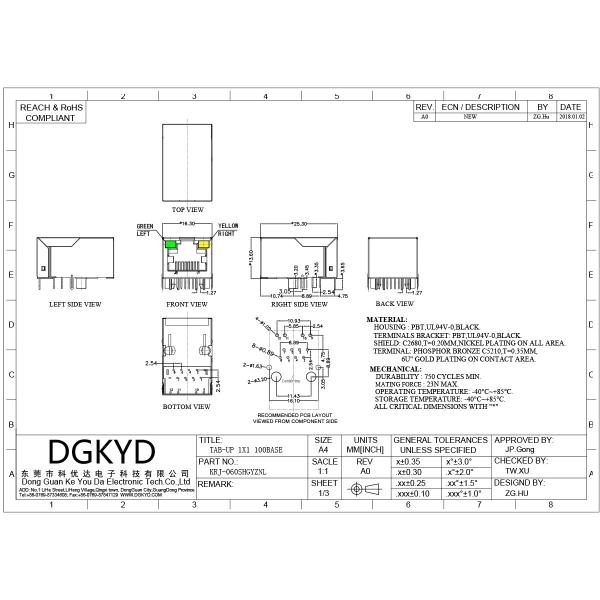 Communication Connection Socket RJ45 With Transformer Integrated Magnetics Jack  RJ45 Ethernet Socket 100Mbps Transformer With Light And Shielding Ethernet Filter KRJ-060SHGYZNL