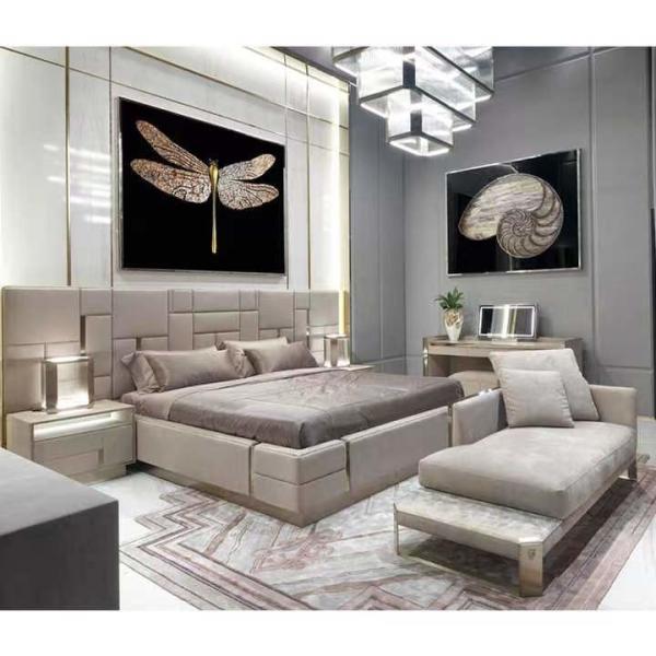 High End Hotel Genuine Leather King Size Bed Titanium Stainless Steel Beds
