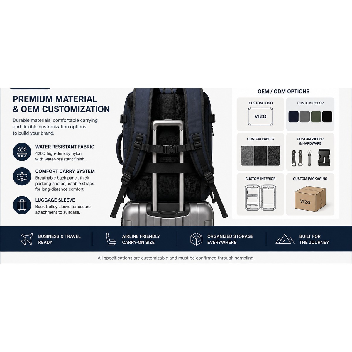 Custom Carry-On Travel Backpack with 180° Opening and 16-Inch Laptop Compartment