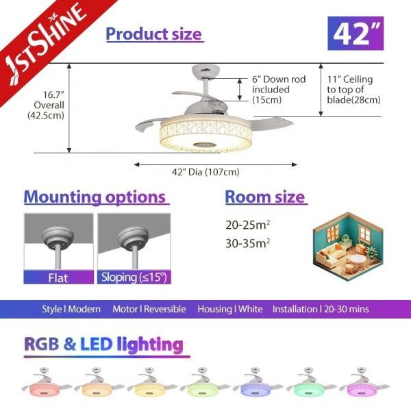 Ventilador de teto LED com controle remoto com iluminação de 3 cores e potência de motor de alta velocidade 35W