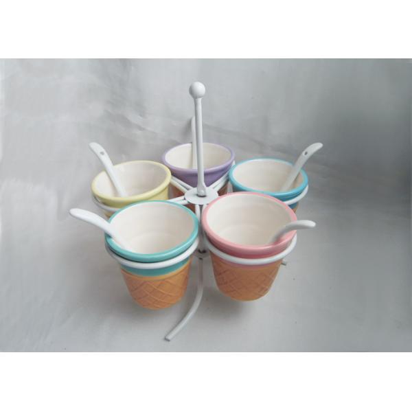 Customized Ceramic Houseware Mini Ice Cream Cups With Spoon / Metal Rack