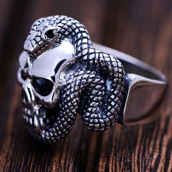 Mens Retro Vintage Sterling Silver Ring Engraved Skull and Snake Design(024572)