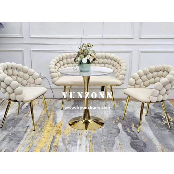 Wholesale Modern Style Gold Metal Legs Hotel Armchair Upholstered Beige Velvet Fabric Pompom Dining Chair