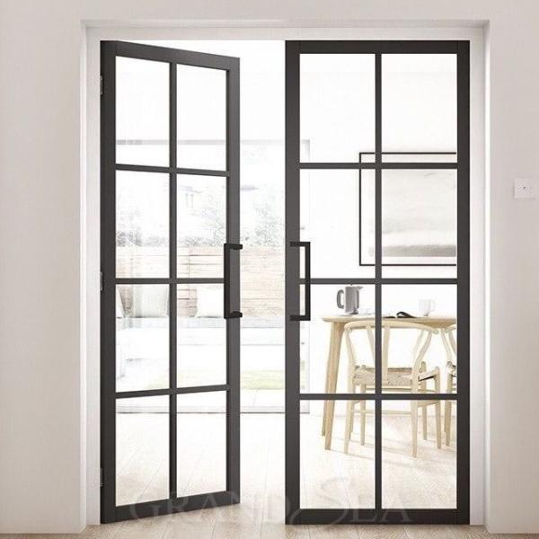 Cambodia Power Coating  Thick Frosted Tempered Glass Minimalist Safe Interior Entrance Wrought Iron Door for House
