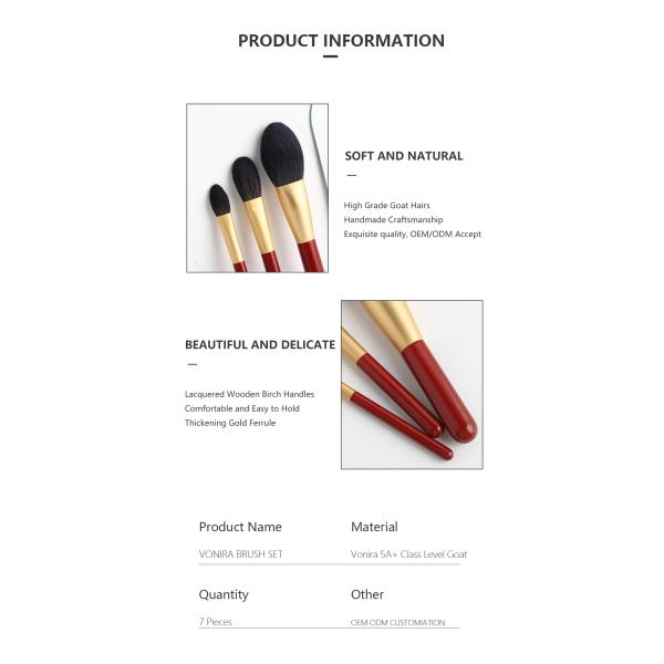 Vonira Essential 7pcs Makeup Brushes Set With Natural Goat Hair Gold Ferrule