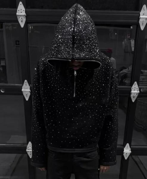 Streetwear custom 380 500gsm men's french terry fleece all over print     rhinestone boxy cropped full face half zip up hoodie men