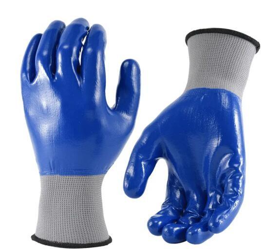 OEM Fully Dipped Nitrile Gloves Polyester Nylon 25cm 26cm Water Resistant Work Gloves