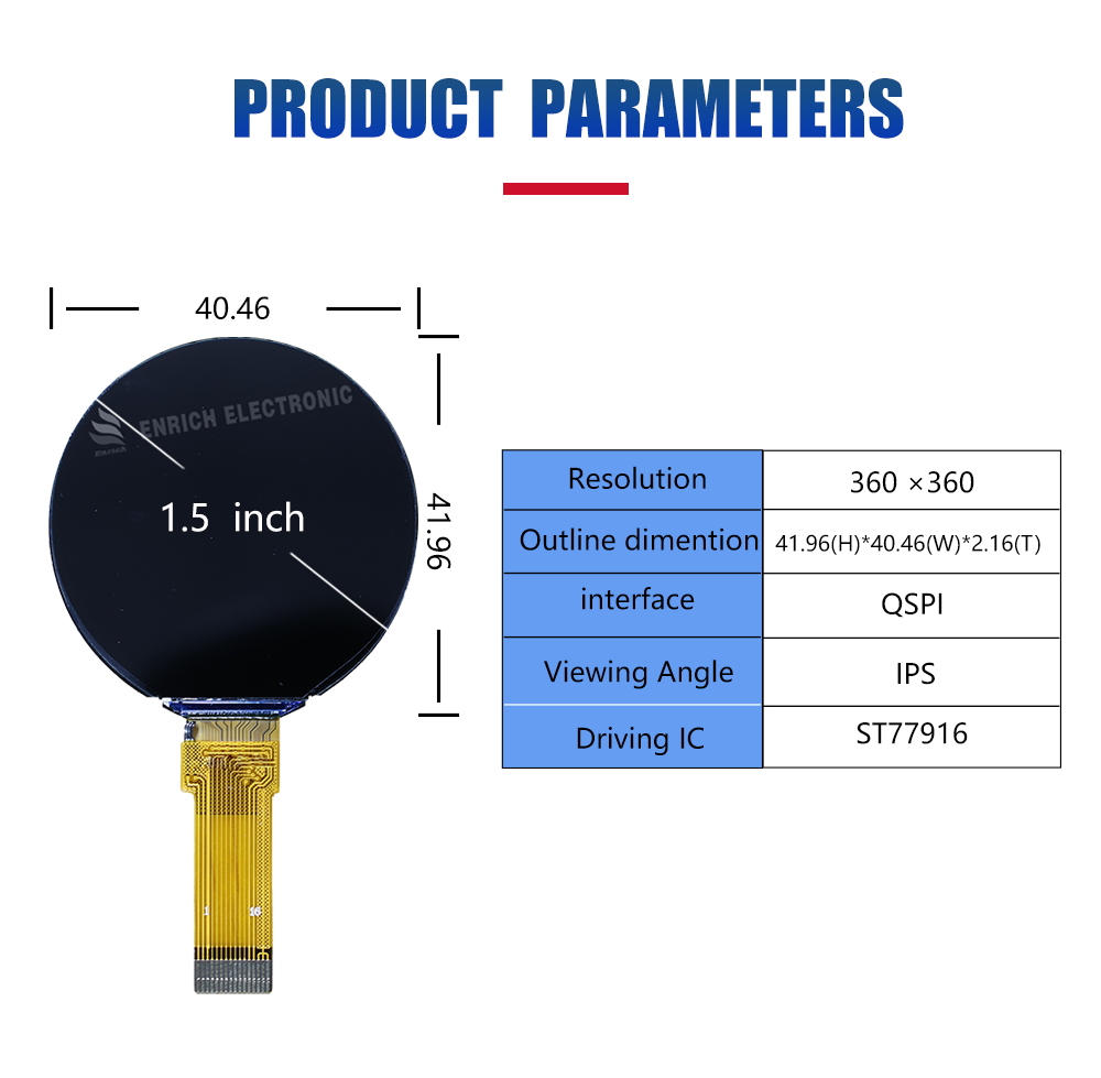 1.5 Inch Circular TFT LCD Display with 360x360 Resolution and QSPI Interface for Wearable Devices