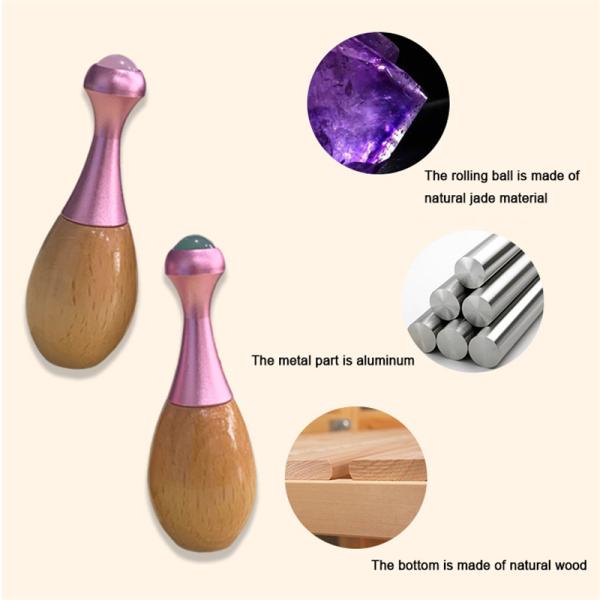 Wooden Handle Jade Massage Roller Facial Gua Sha Massage Stick and Eye Care Tools for Promoting Eye Cream Absorption