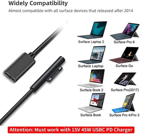 USB-C Charging Cable 1.5M for Microsoft Surface Pro7/6/5/4/3 Laptop1/2/3&Surface Book 45W 15V 3A USB C Charger Cable