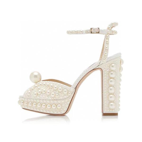 Pearl inlaid design women's high heel sandals，open toe height increasing women sandals
