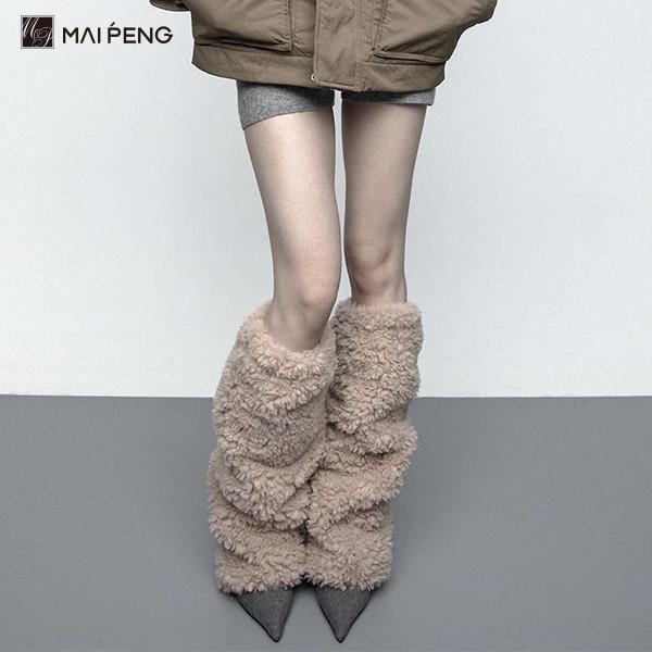En hiver, des chaussures à jambes en peluche pour femmes, des chaussures à jambes en fourrure, épaisses, à la mode