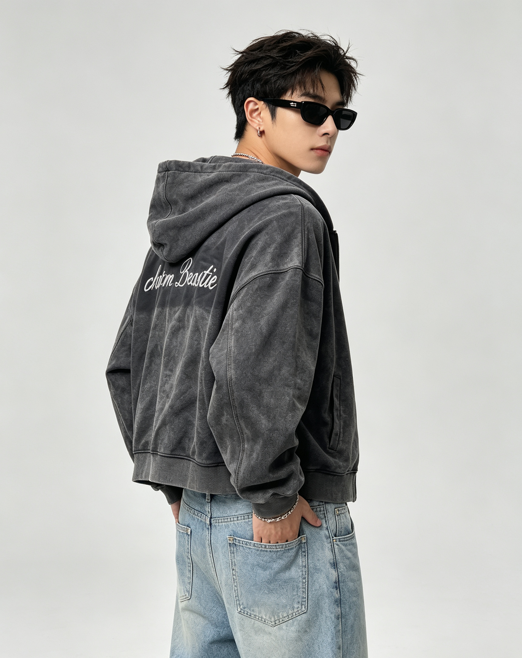 Vintage Acid Wash Men's Heavyweight Hoodie Full Zip Vintage Streetwear Hoodie Cursive Embroidery