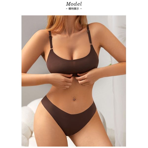 High Quality Women Seamless Bra Thong Set Wire Free Bra Solid Color Underwear Set for Ladies