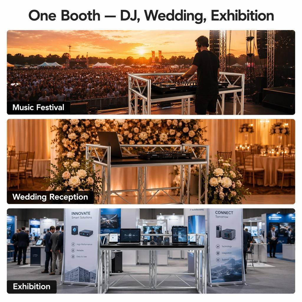 Foldable Aluminum Truss DJ Booth Workstation with Anti-Slip Platform 100kg Load Capacity and No Tools Required Assembly