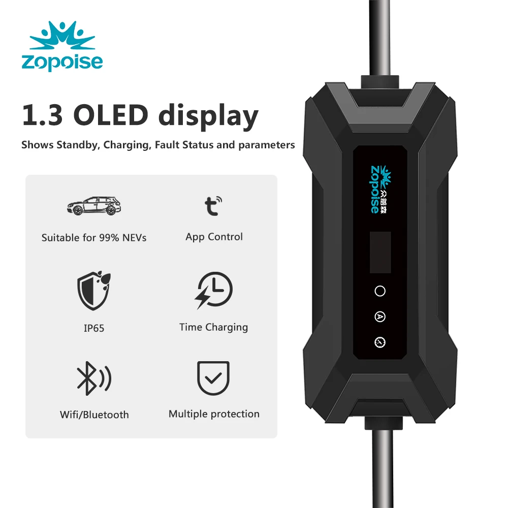 ZA08 European Edition – Type 2 Portable EV Charger with 1.3″ OLED Display, 11kW 3‑Phase Support & Remote O&M Platform (CE & TÜV Certified)
