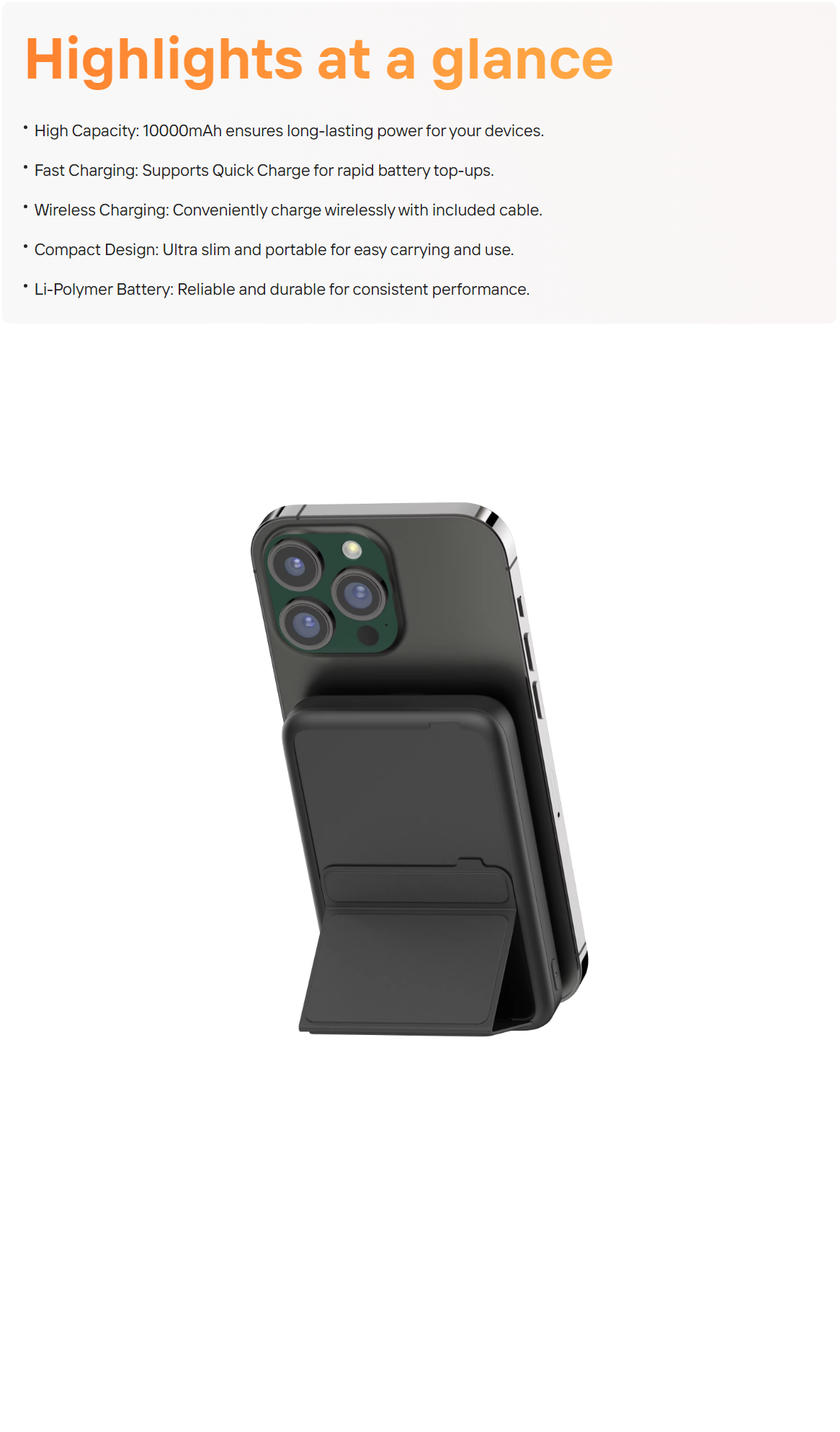 Besiter 10000mAh Mini Power Bank 22.5W High Capacity Wireless Charging Type-C Input Interface OEM Logo Holder Li-Polymer