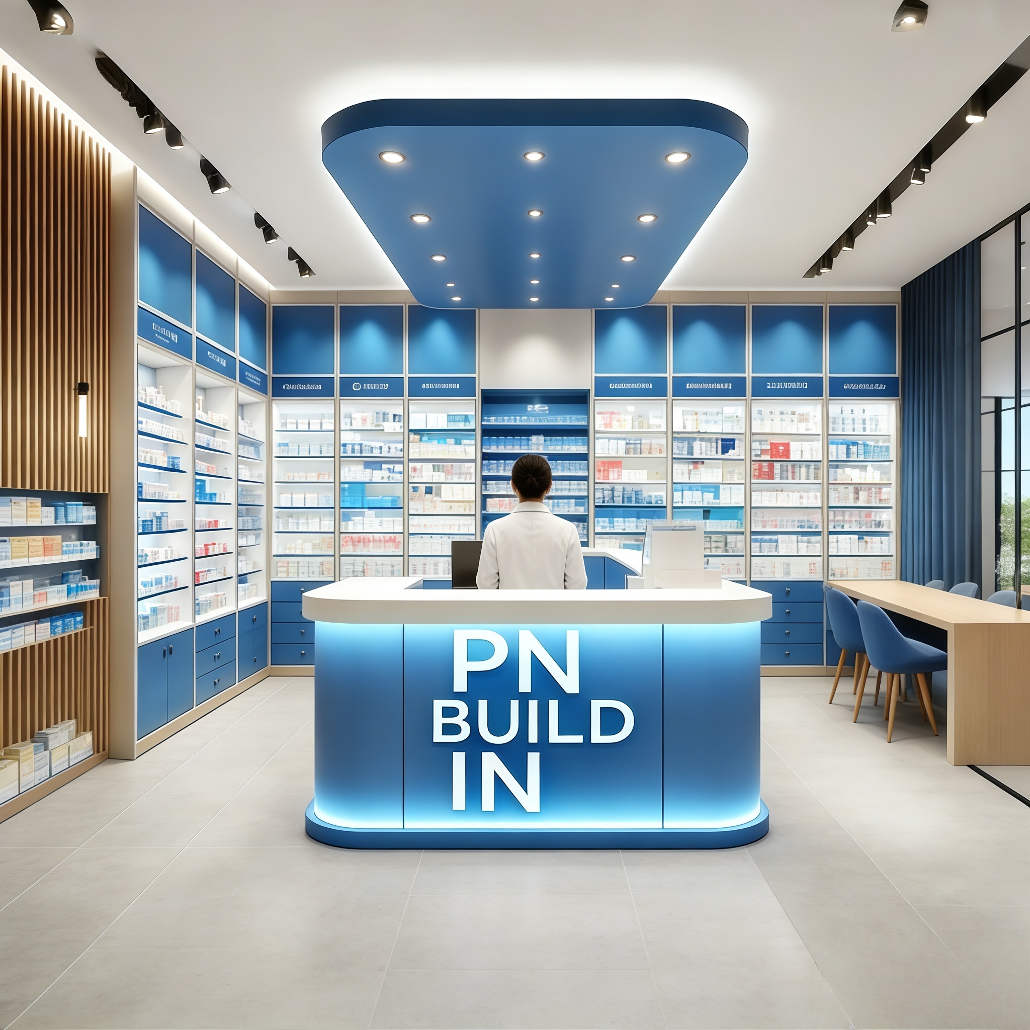 Custom Medical Retail Wall Shelving and Pharmacy Showcase Cabinets for Drugstore Interior Furniture Design