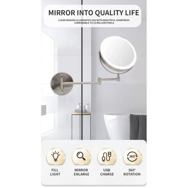 8 Inch Chrome 10x Magnifying Double Side USB Charging Bathroom 3 Color Makeup Mirror lamp(WH-MR-82)