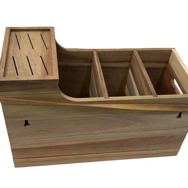 Embossed Acacia Wood Kitchen Counter Storage Box with Large Capacity and