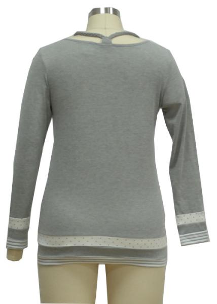 Ladies Long Sleeve Shirt Round-neckline  Melange Fabric Normal Size Blend Fabric Yarn Dye Stripe Insert Braid Neck Line