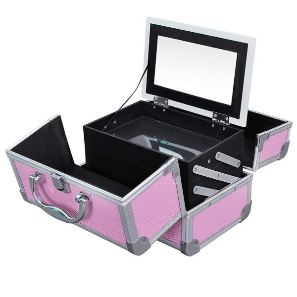 Portable Mini Makeup Vanity Case Organizer Box With Mirror 2 Trays Pink