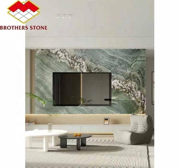 Modern Hotel Dining Table with Polished Green Marble Surface and Custom Graphic Design