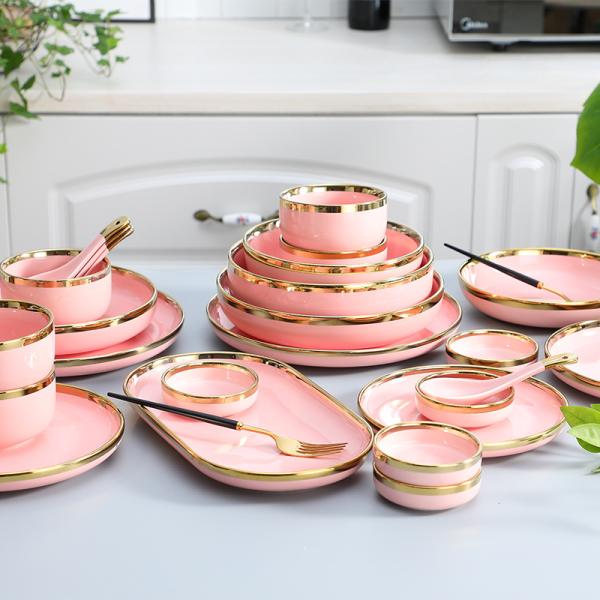 Gold Rim Pink Round Porcelain Dinnerware Set for Coffee shop
